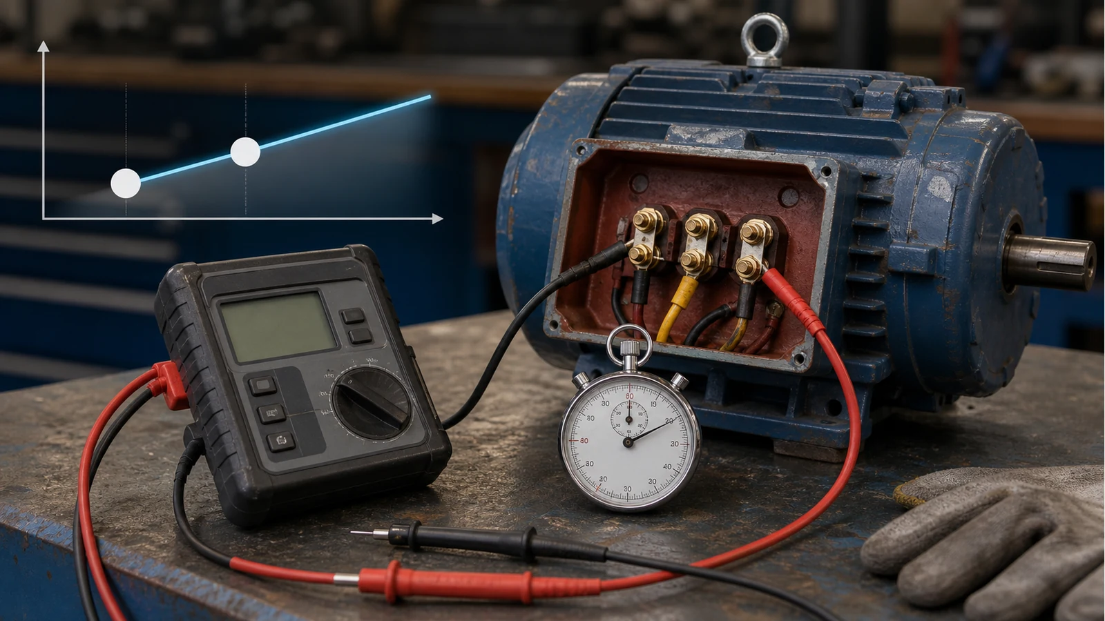Timed insulation resistance readings used to calculate polarisation index on a motor