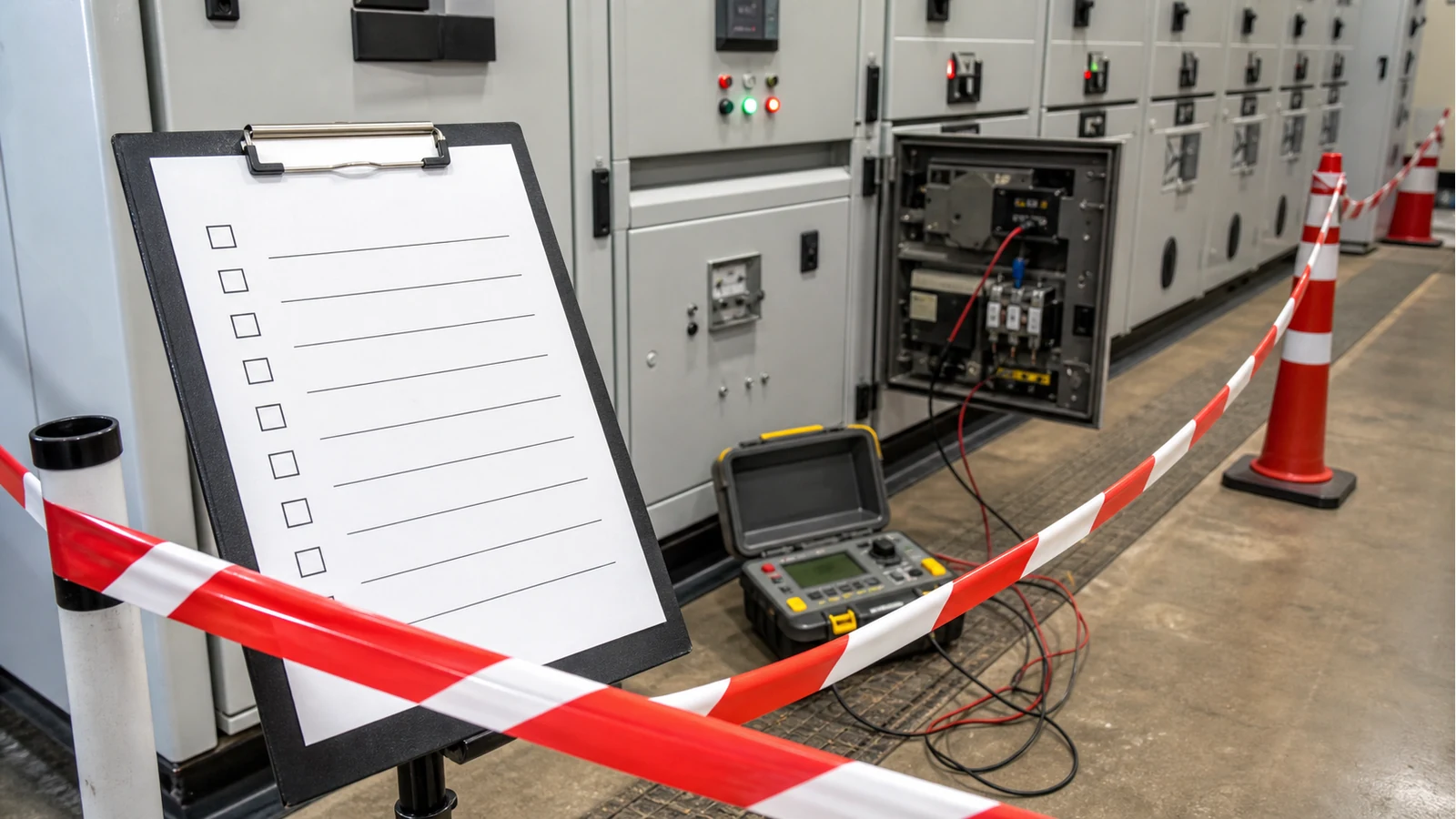 UK switchgear insulation resistance testing checklist scene with barriers and test leads ready